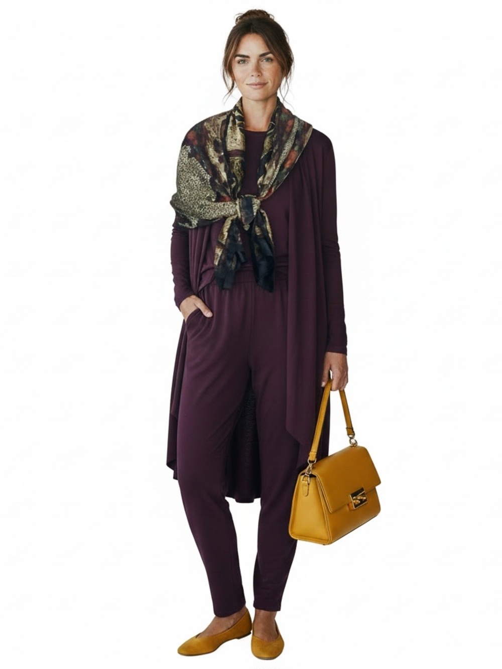 Eileen Fisher 3PC Lounge Set L Silk Cashmere Cardigan Tencel Pant/Top Brown Plum